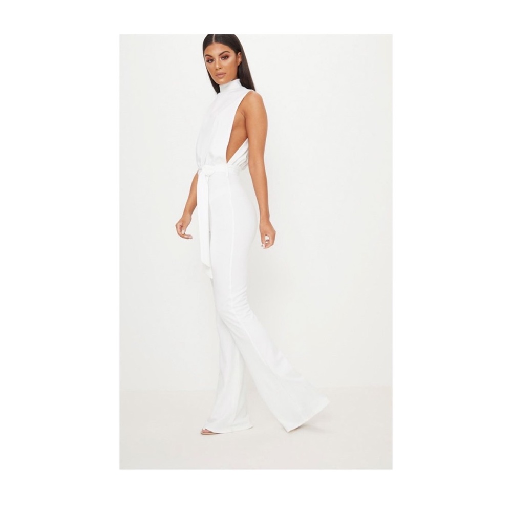 White High Neck Tie Waist Jumpsuit